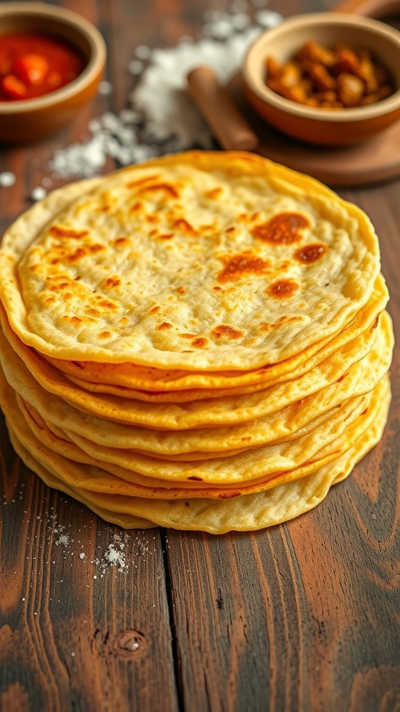 A stack of warm corn tortillas on a wooden table with salsa and masa harina.